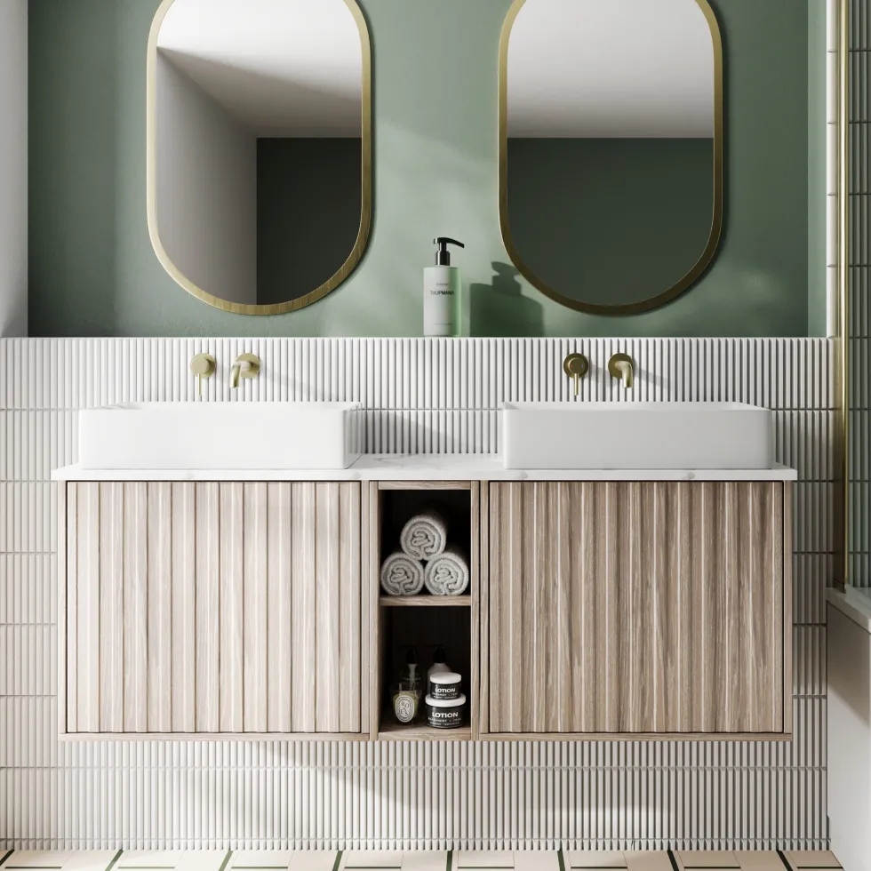 Billy 1400mm Wall Hung Vanity Unit with Fluted Drawer Front & Marble Sintered Stone Worktop
