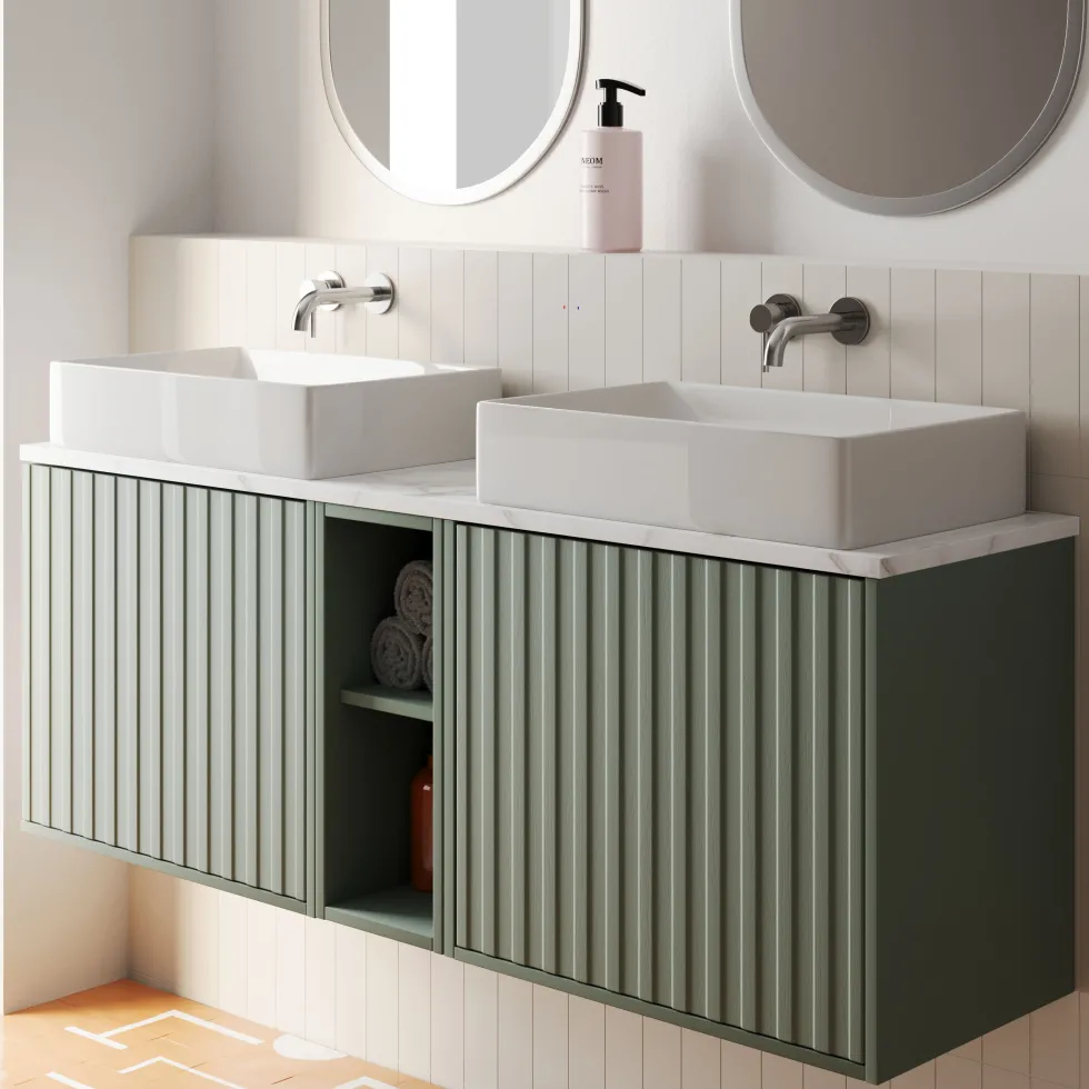 Billy 1400mm Wall Hung Vanity Unit with Fluted Drawer Front & Marble Sintered Stone Worktop