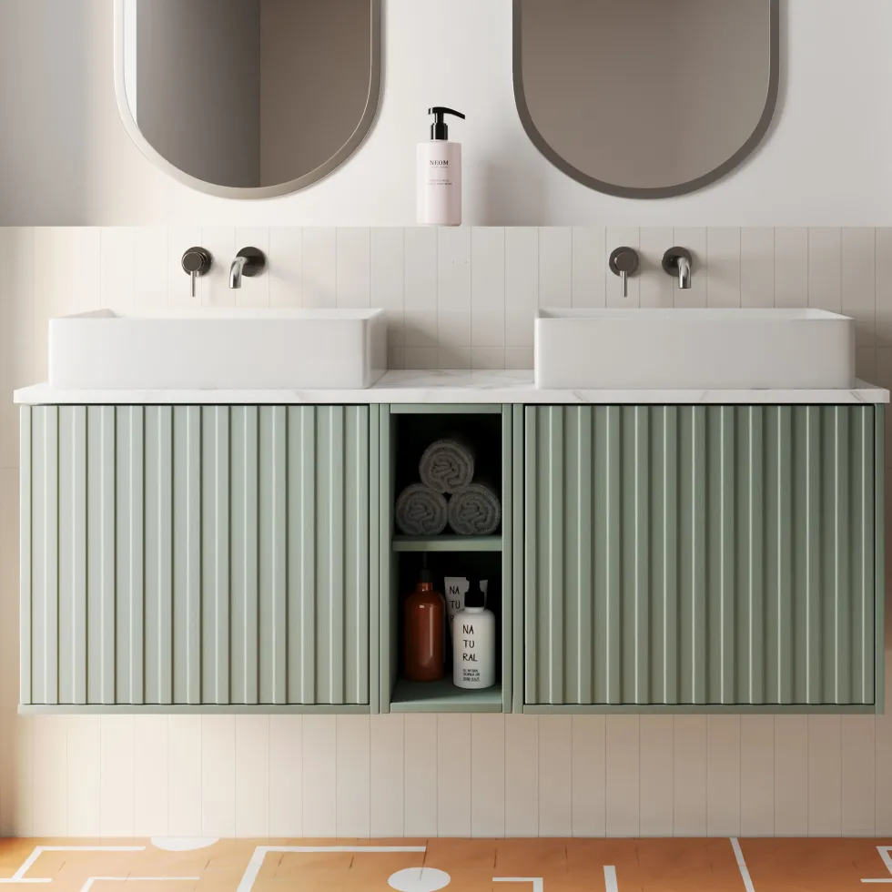 Billy 1400mm Wall Hung Vanity Unit with Fluted Drawer Front & Marble Sintered Stone Worktop