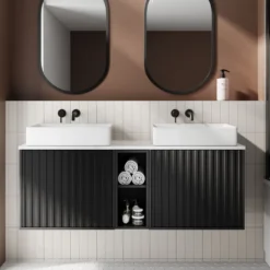Billy 1400mm Wall Hung Vanity Unit with Fluted Drawer Front & Marble Sintered Stone Worktop