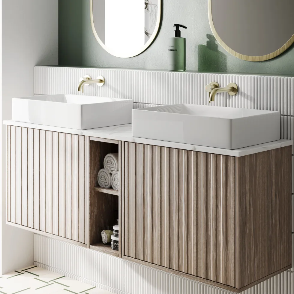 Billy 1400mm Wall Hung Vanity Unit with Fluted Drawer Front & Marble Sintered Stone Worktop