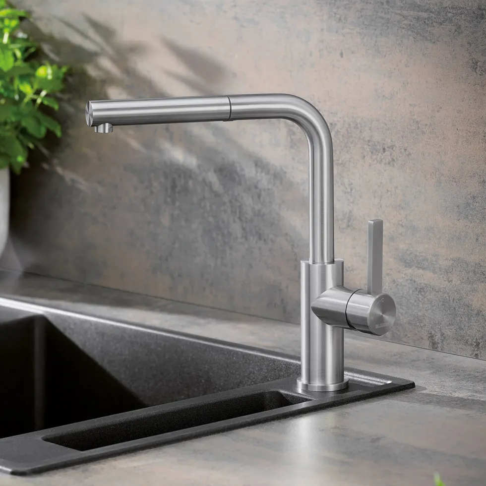 Blanco Lanora-S Eco Cold Start Brushed Stainless Steel Mono Pull Out Kitchen Mixer Tap