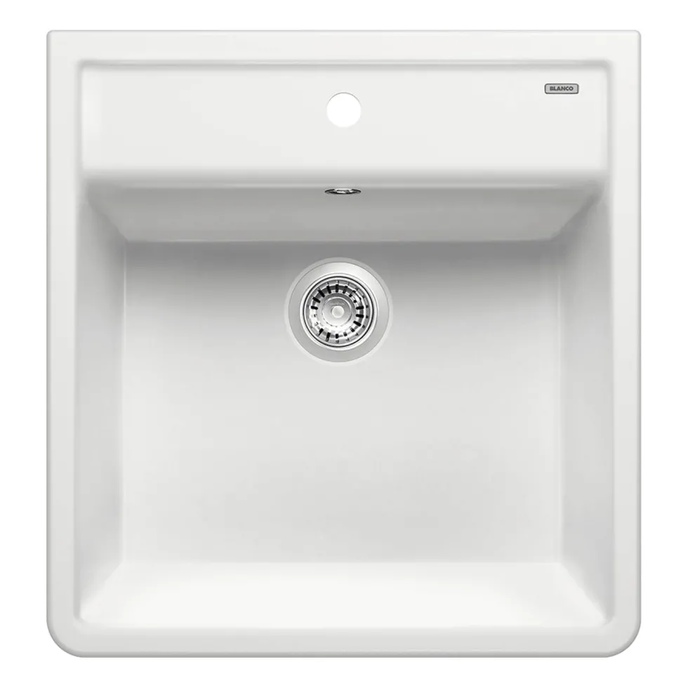 Blanco Panor 1 Bowl Crystal Gloss White Wall Mounted Belfast Ceramic Kitchen Sink & Waste with Tap Ledge - 600 x 630mm