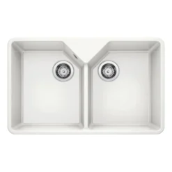 Blanco Villae Belfast Farmhouse Double Bowl Crystal Gloss White Ceramic Kitchen Sink & Waste - 794 x 490mm