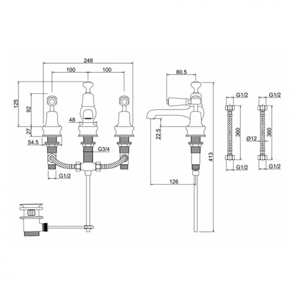 Burlington Kensington 3 Tap Hole Basin Mixer with Pop-up Waste