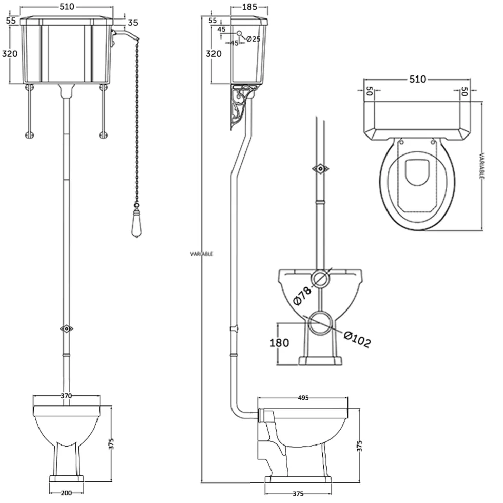 Butler & Rose Audrey Traditional High Level Toilet, Cistern & Flush Pipe Kit and Optional Seat