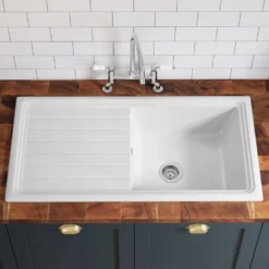 Butler & Rose 1 Bowl White Ceramic Kitchen Sink with Reversible Drainer - 1010 x 525mm