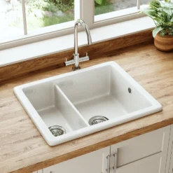 Butler & Rose Bryn Reversible 1.5 Bowl White Ceramic Inset/Undermount Kitchen Sink & Waste Kit - 555 x 460mm