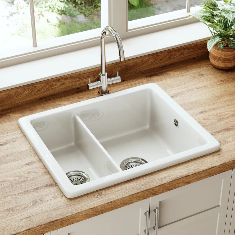 Butler & Rose Bryn Reversible 1.5 Bowl White Ceramic Inset/Undermount Kitchen Sink & Waste Kit - 555 x 460mm
