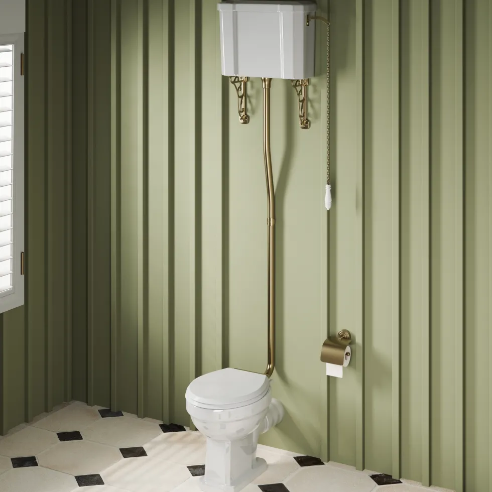 Butler & Rose Catherine Traditional High Level Toilet with Pan, Cistern & Brushed Brass Flush Pipe Set