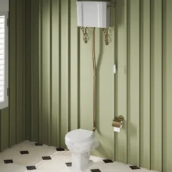 Butler & Rose Catherine Traditional High Level Toilet with Pan, Cistern & Brushed Brass Flush Pipe Set