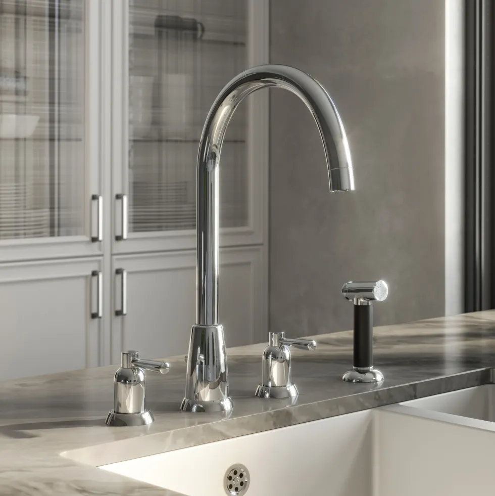 Butler & Rose Daphne 4 Hole Curved Spout Kitchen Mixer Tap with Lever Handles & Pull-Out Rinse