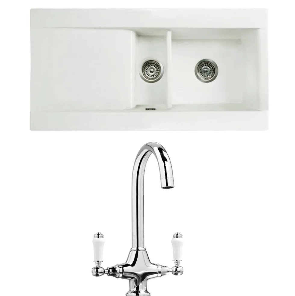 Butler & Rose Dream 1.5 Bowl White Ceramic Fireclay Kitchen Sink & Victoria Traditional Kitchen Mixer Tap