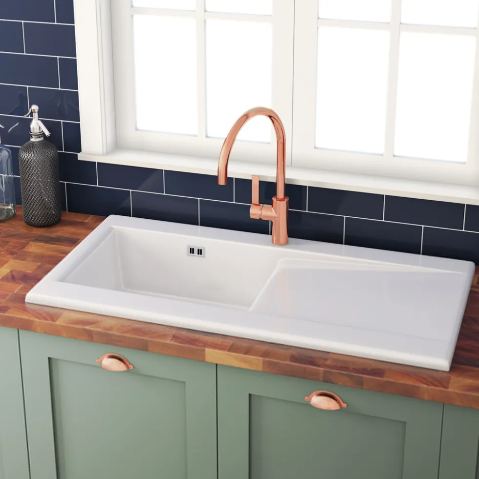 Butler & Rose Dream White Ceramic Fireclay Single Bowl Kitchen Sink with Reversible Drainer & Waste Kit - 1010mm x 510mm