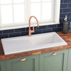 Butler & Rose Dream White Ceramic Fireclay Single Bowl Kitchen Sink with Reversible Drainer & Waste Kit - 1010mm x 510mm