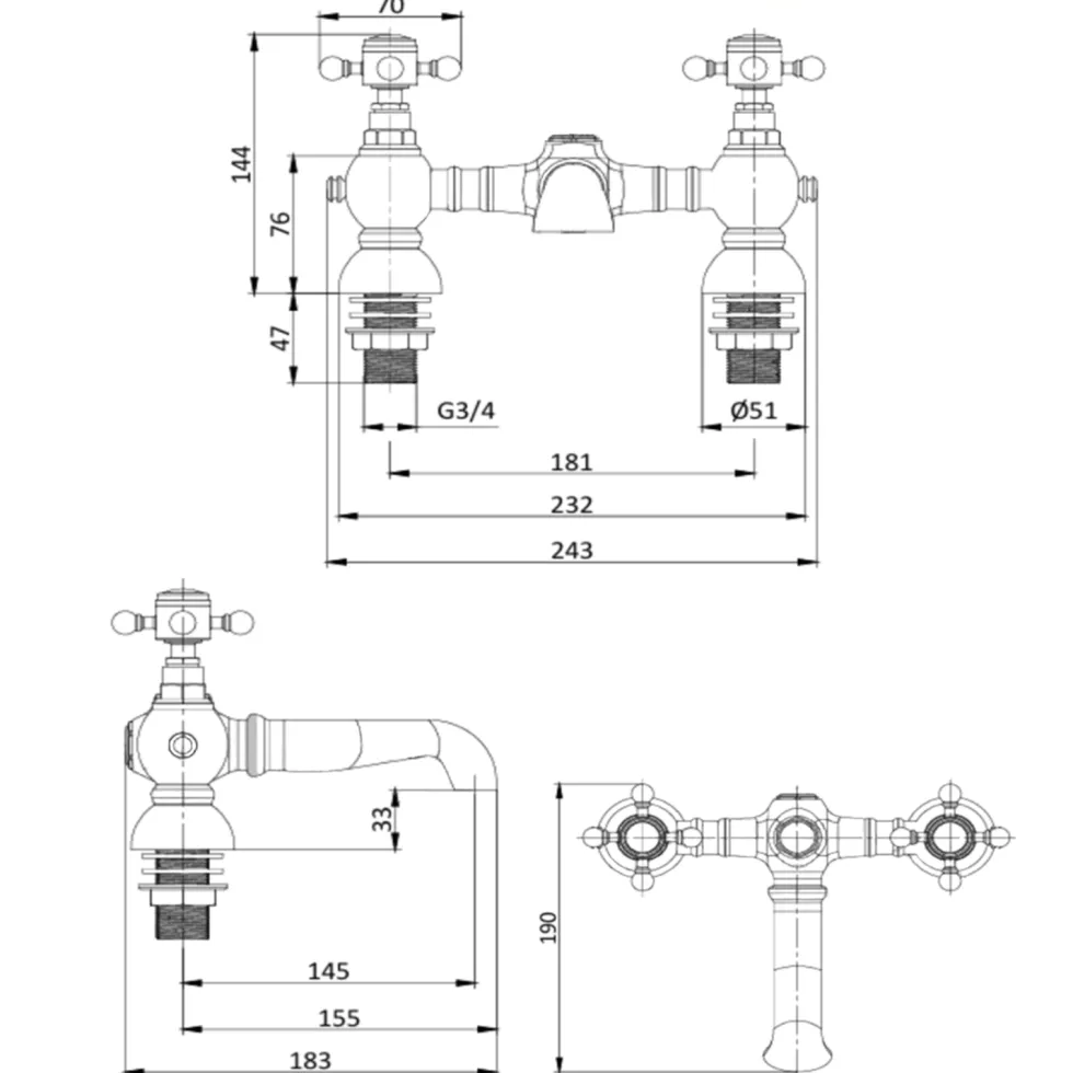 Butler & Rose Eliza Crosshead Deck Mounted Bath Filler Tap