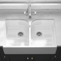 Butler & Rose Fireclay Ceramic White Double Belfast Kitchen Sink, Tap & Waste