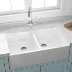 Butler & Rose Fireclay Ceramic White Double Belfast Kitchen Sink, Tap & Waste