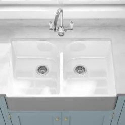 Butler & Rose Fireclay Ceramic White Double Belfast Kitchen Sink, Tap & Waste