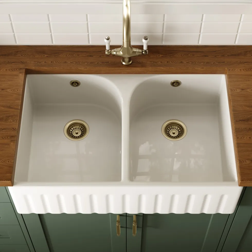 Butler & Rose Fluted Ceramic Fireclay Double Belfast / Butler Kitchen Sink - 795 x 500mm