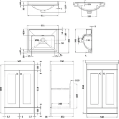 Butler & Rose Ophelia 500mm Floorstanding 2 Door Vanity Unit & Basin