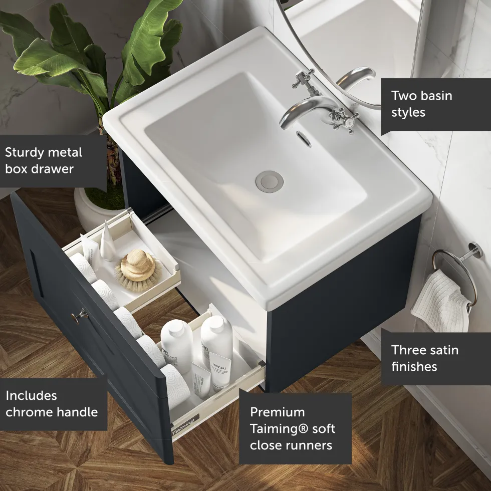 Butler & Rose Ophelia Traditional Toilet & 600mm Wall Hung Vanity Unit Bathroom Suite