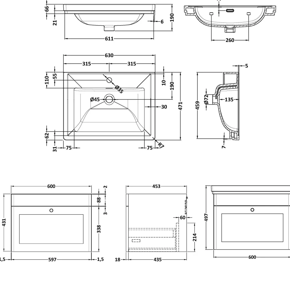 Butler & Rose Ophelia Traditional Toilet & 600mm Wall Hung Vanity Unit Bathroom Suite