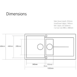 Caple Canis 1.5 Bowl Granite Composite Kitchen Sink & Waste Kit with Reversible Drainer - 1000 x 500mm