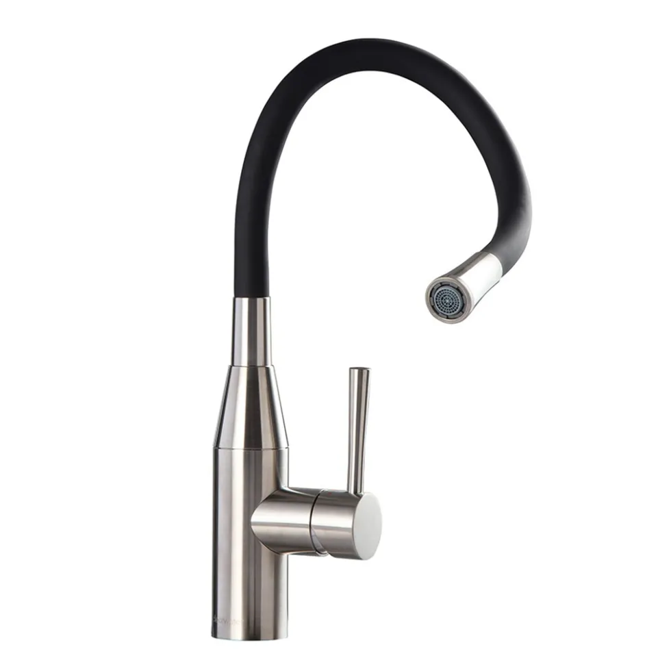 Clearwater Morpho Mono Kitchen Mixer with 'Flex & Stay' Spout - Brushed Nickel & Choice of Hose Colour