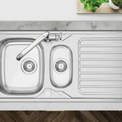 Clearwater Okio 1.5 Bowl Satin Stainless Steel Sink & Waste with Reversible Drainer - 1000 x 500mm