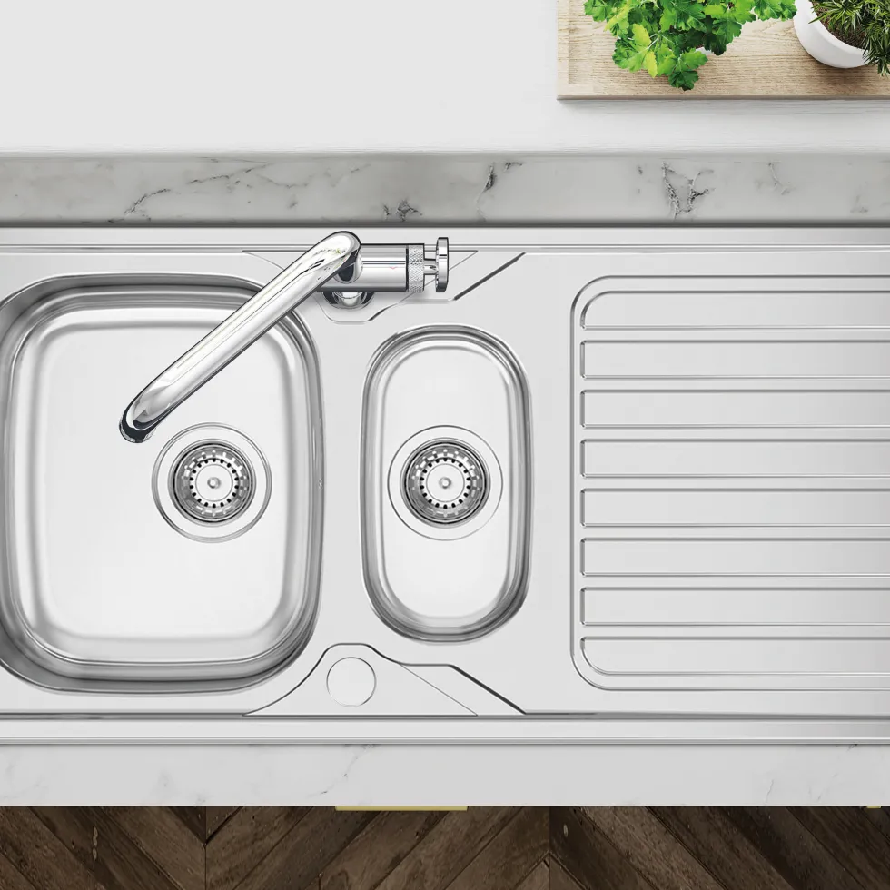 Clearwater Okio 1.5 Bowl Satin Stainless Steel Sink & Waste with Reversible Drainer - 1000 x 500mm