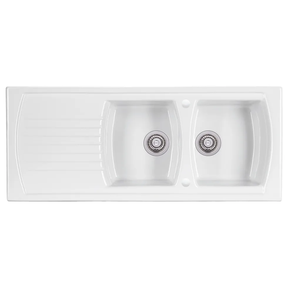 Clearwater Sonnet White Ceramic Double Bowl Sink with Reversible Drainer - 1205 x 500mm