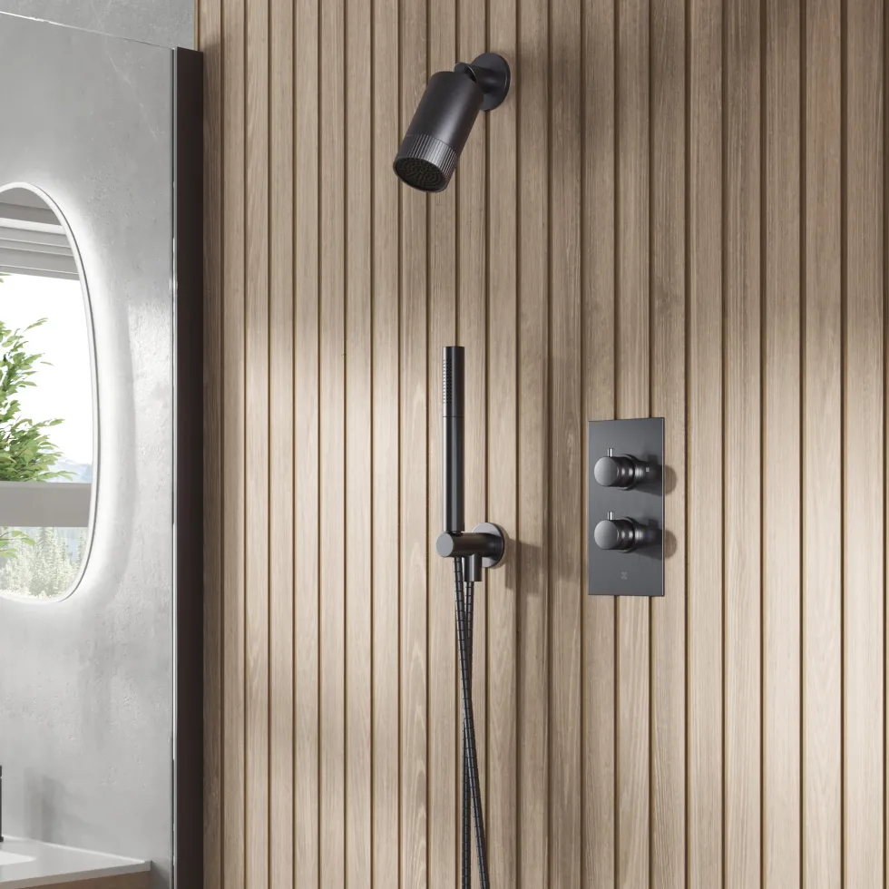 Core Shower Package with 2 Outlet Concealed Valve with Wall Mounted Fluted Spotlight Shower Head & Shower Wall Kit