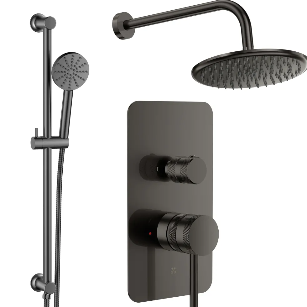 Core Shower Package with 2 Outlet Manual Valve, Fixed Wall Mounted Shower Head & Fluted Handset Slide Rail Kit