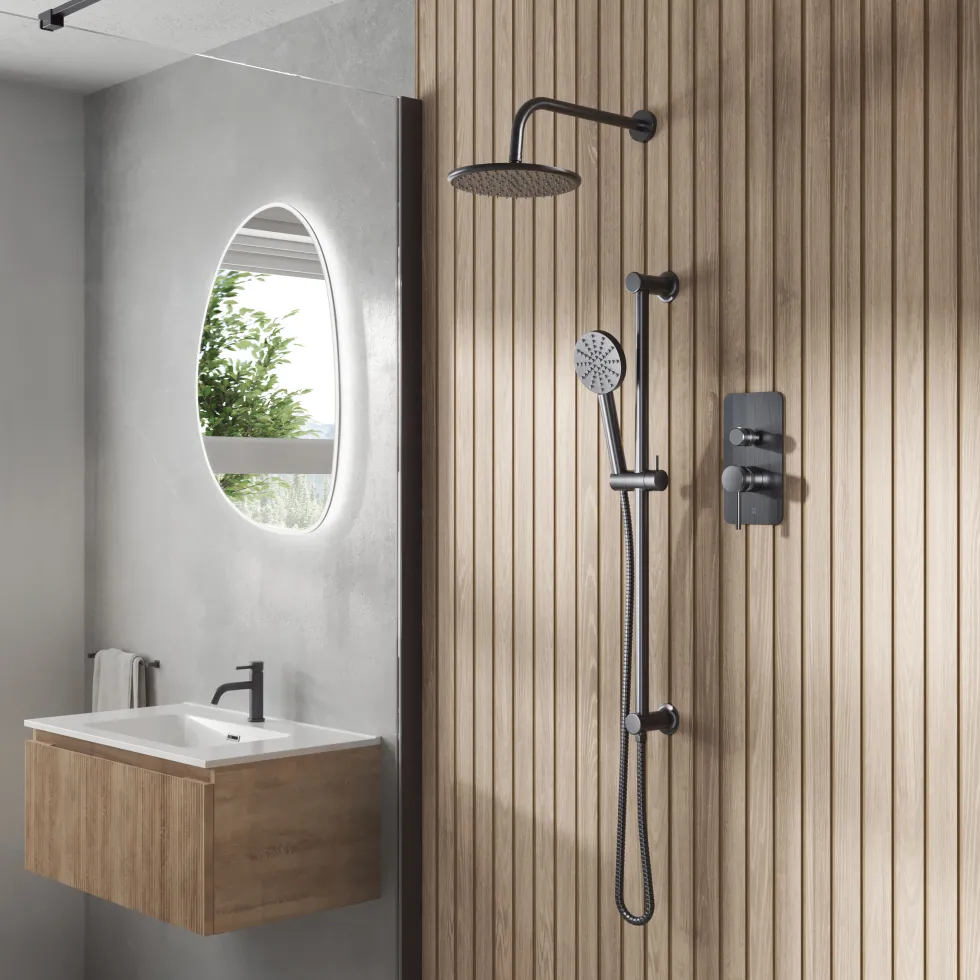 Core Shower Package with 2 Outlet Manual Valve, Fixed Wall Mounted Shower Head & Fluted Handset Slide Rail Kit