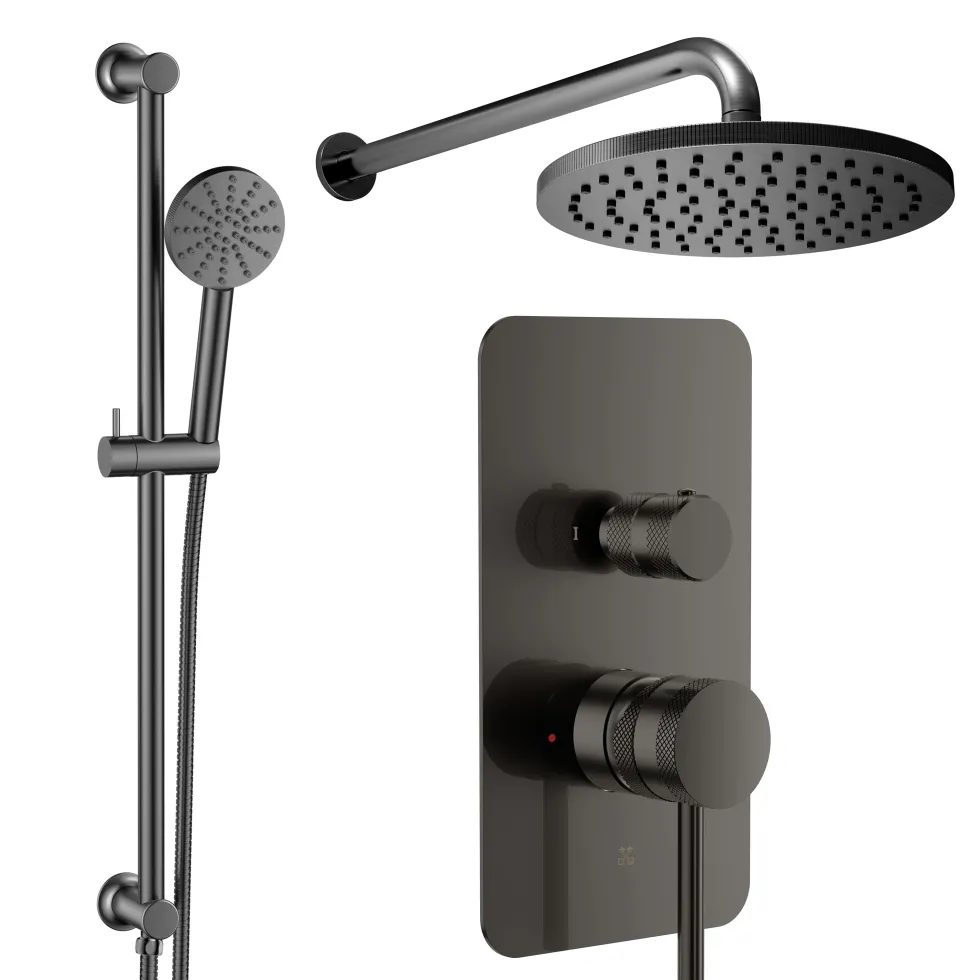 Core Shower Package with 2 Outlet Manual Valve, Fixed Wall Mounted Shower Head & Fluted Handset Slide Rail Kit