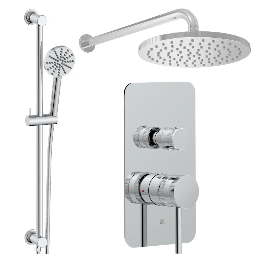 Core Shower Package with 2 Outlet Manual Valve, Fixed Wall Mounted Shower Head & Fluted Handset Slide Rail Kit