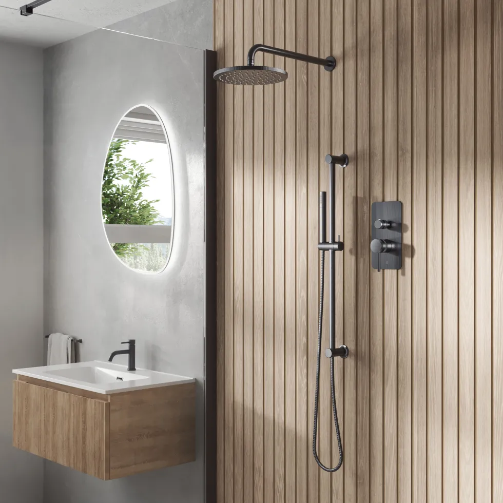 Core Shower Package with 2 Outlet Manual Valve, Fixed Wall Mounted Shower Head & Microphone Handset Slide Rail Kit