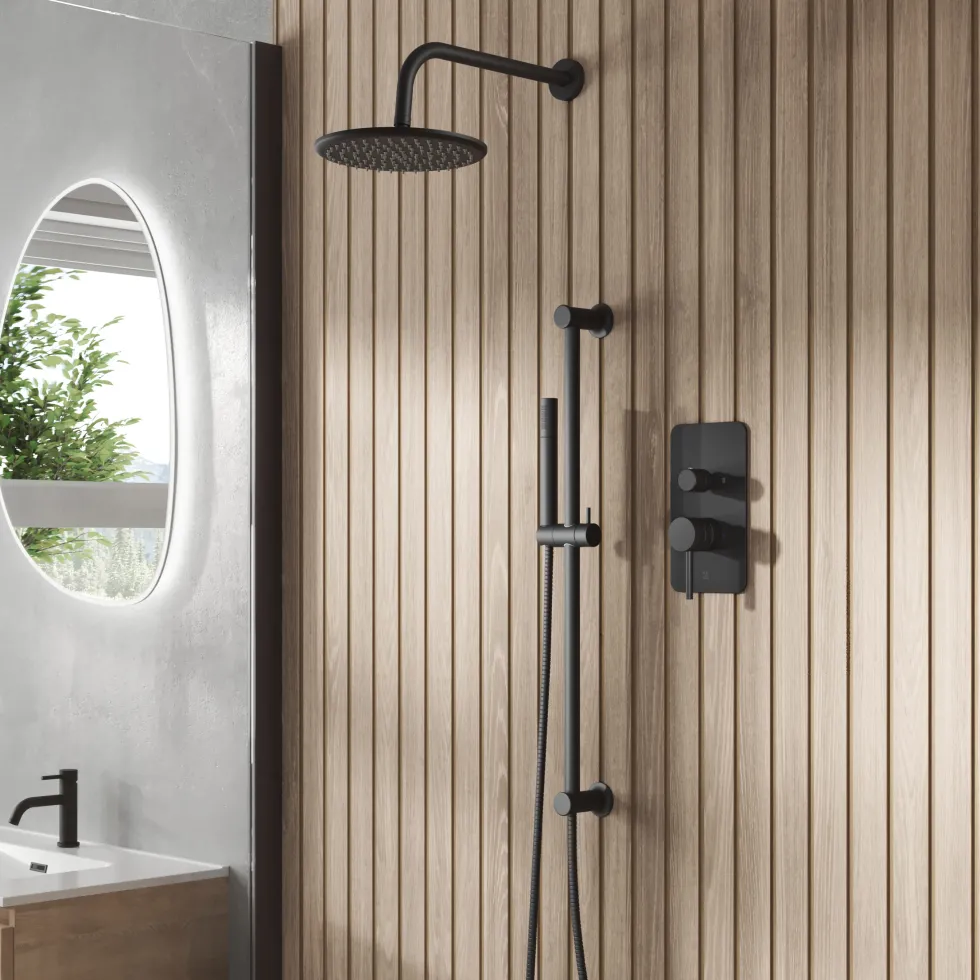 Core Shower Package with 2 Outlet Manual Valve, Fixed Wall Mounted Shower Head & Microphone Handset Slide Rail Kit