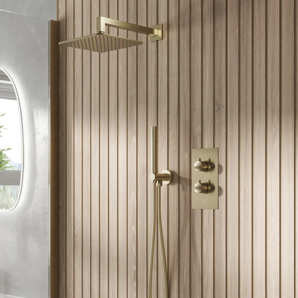 Core Shower Package with 2 Outlet Valve, Fixed Wall Mounted Square Shower Head & Shower Wall Kit