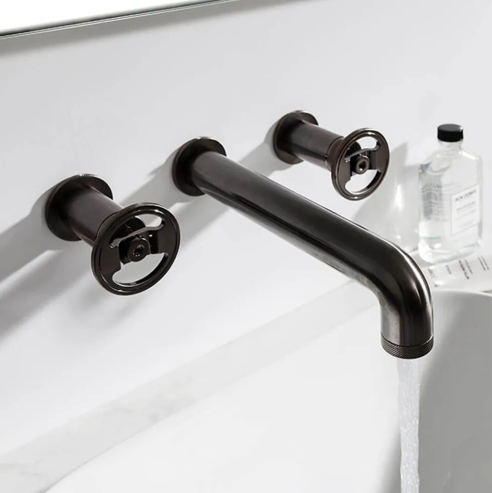 Crosswater Union 3 Hole Wall Mounted Basin Mixer Tap with Wheels - Brushed Black Chrome