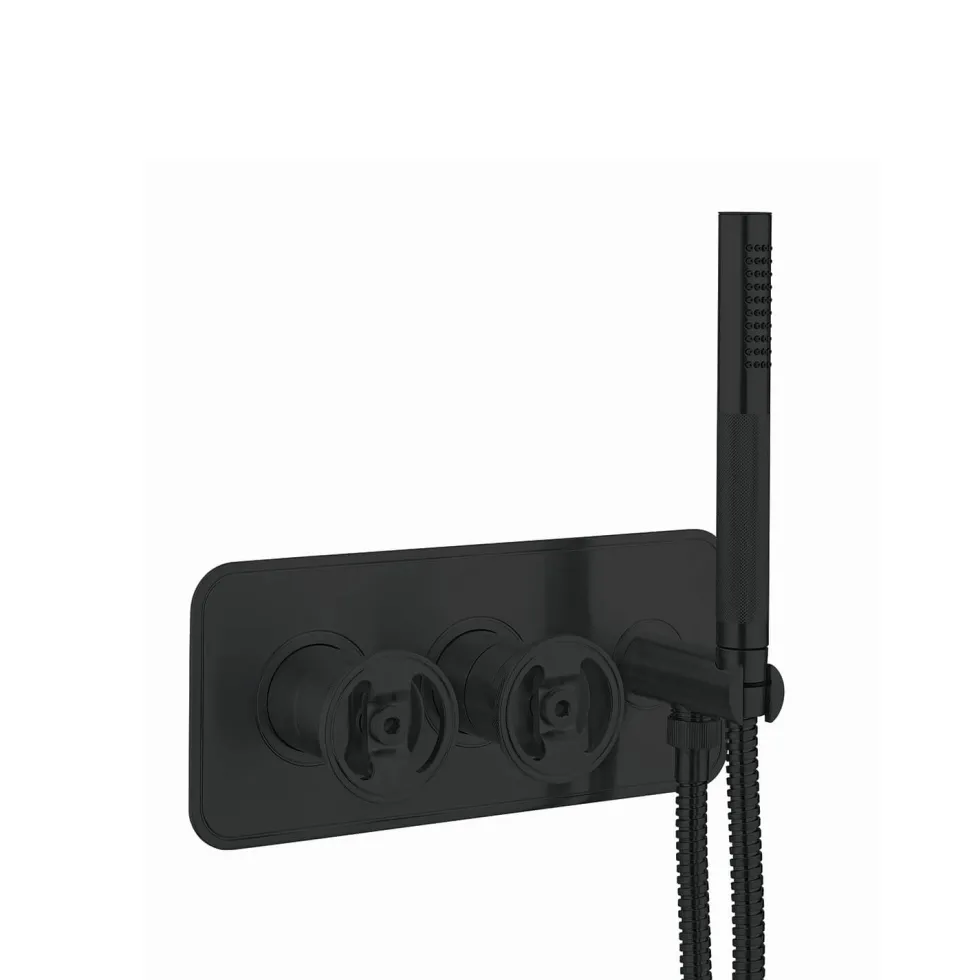 Crosswater Union WRAS Approved 2 Outlet Concealed Thermostatic Bath Shower Valve with Wheels & Shower Handset - Matt Black