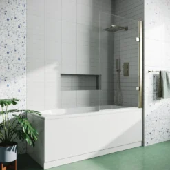 Drench Brushed Brass 8mm Glass Hinged Square Bath Screen - 1520 x 815mm