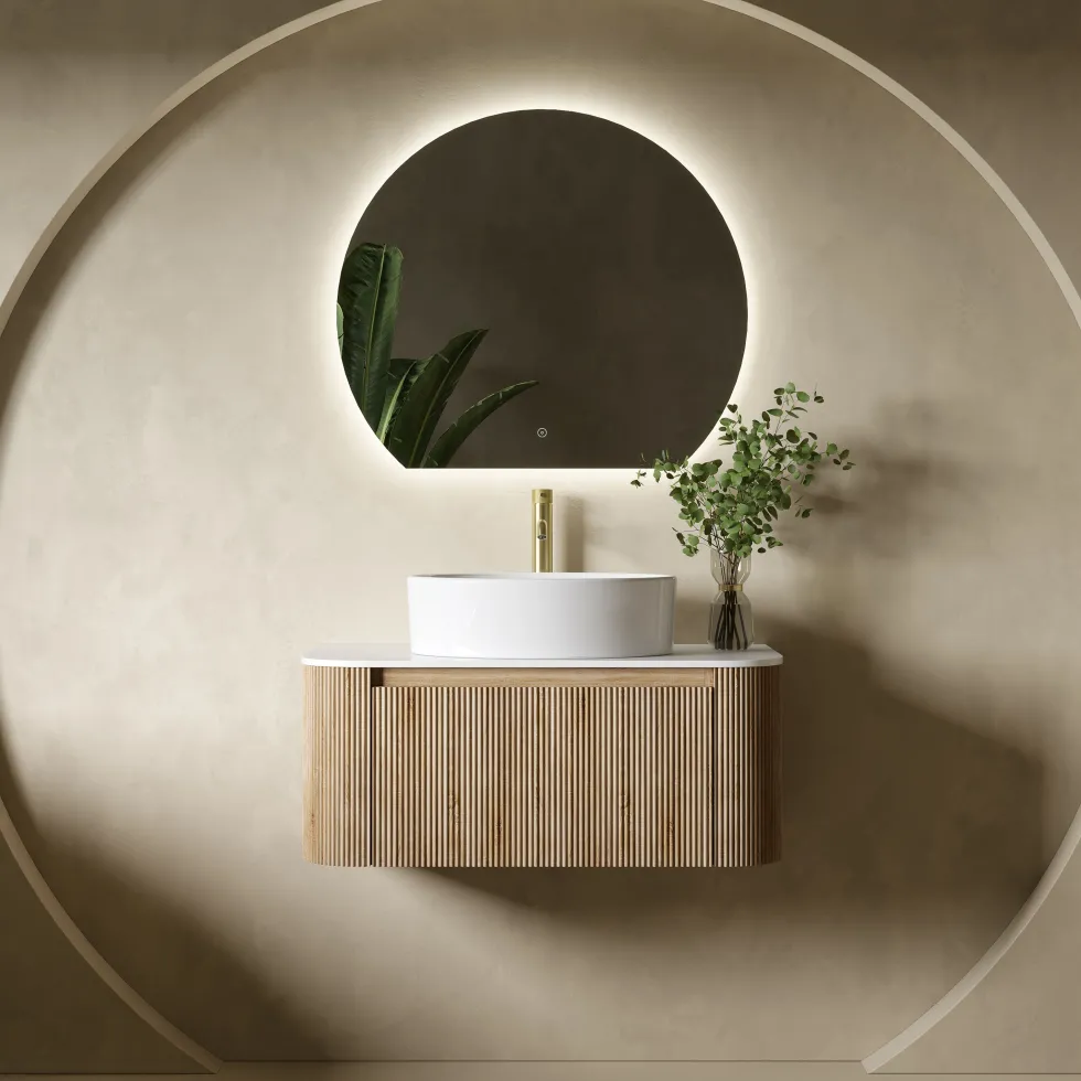Drench Groove 870mm Fluted Wall Hung Curved Vanity Unit with Sintered Stone Countertop