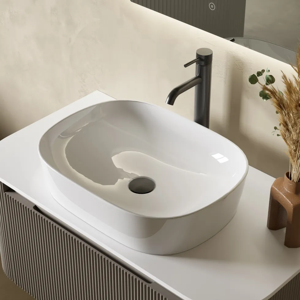 Drench Groove 870mm Fluted Wall Hung Curved Vanity Unit with Sintered Stone Countertop