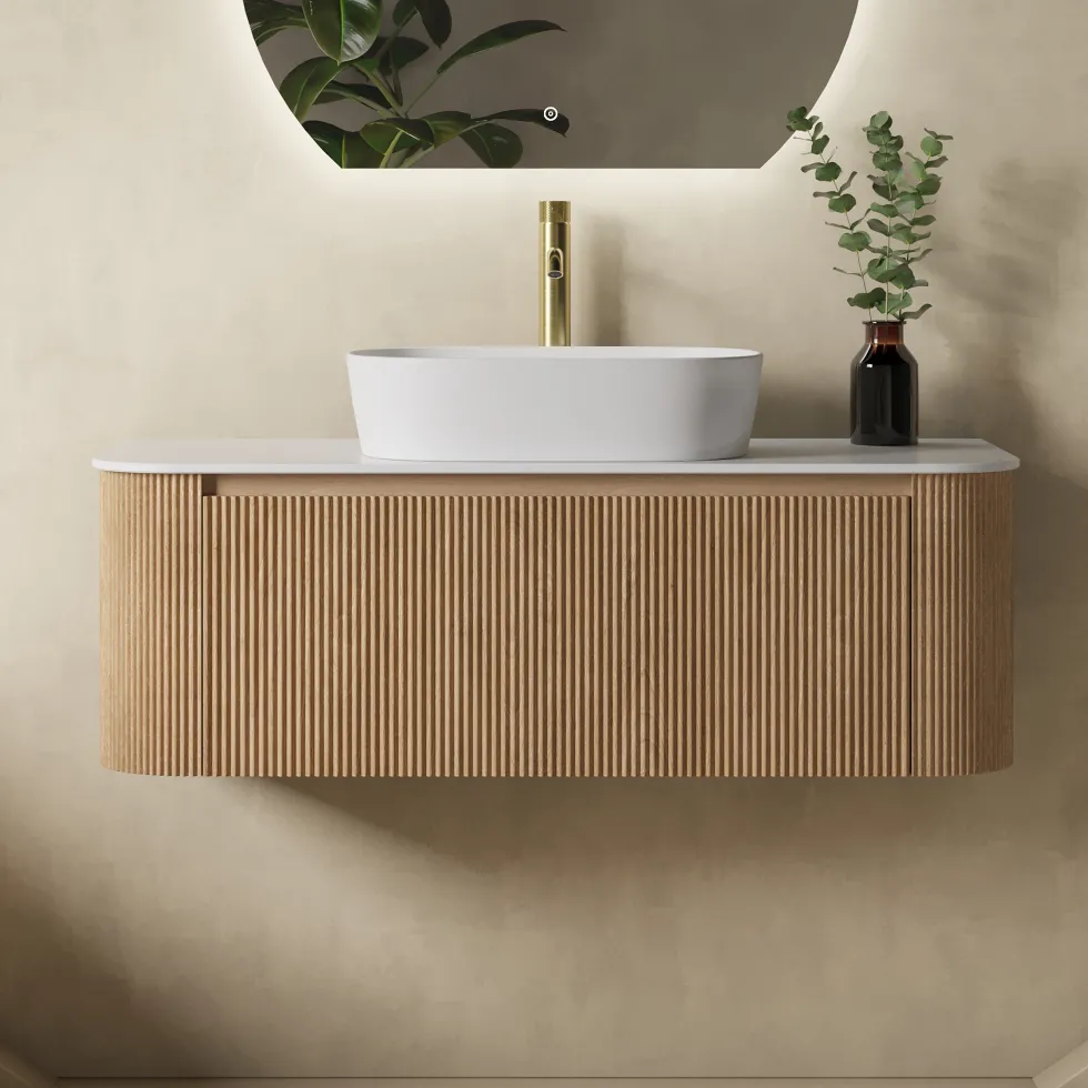 Drench Groove 1075mm Fluted Wall Hung Curved Vanity Unit With Sintered Stone Countertop