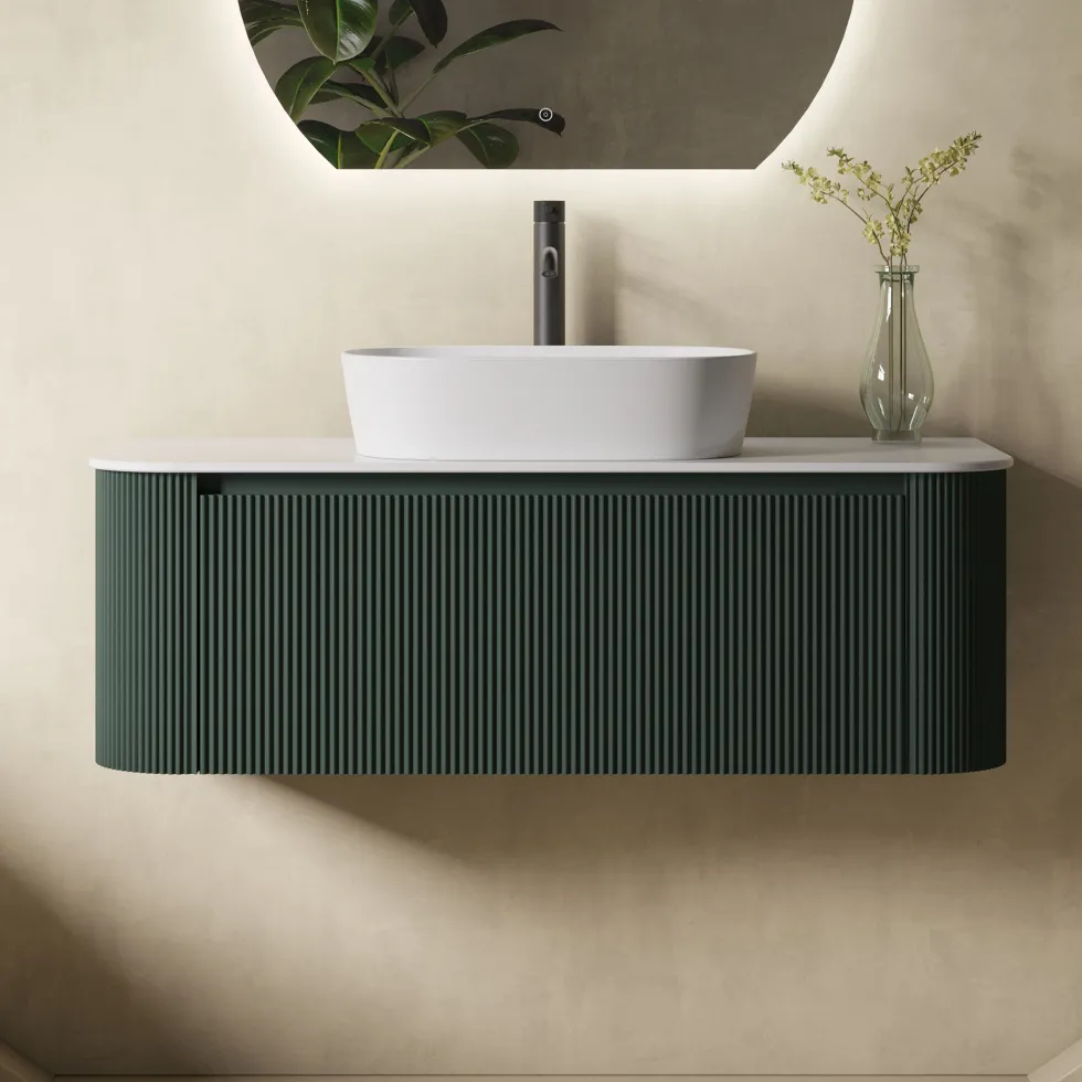Drench Groove 1075mm Fluted Wall Hung Curved Vanity Unit With Sintered Stone Countertop