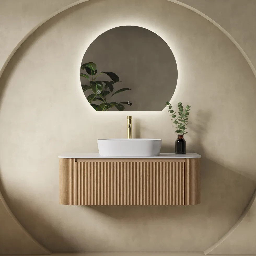 Drench Groove 1075mm Fluted Wall Hung Curved Vanity Unit With Sintered Stone Countertop