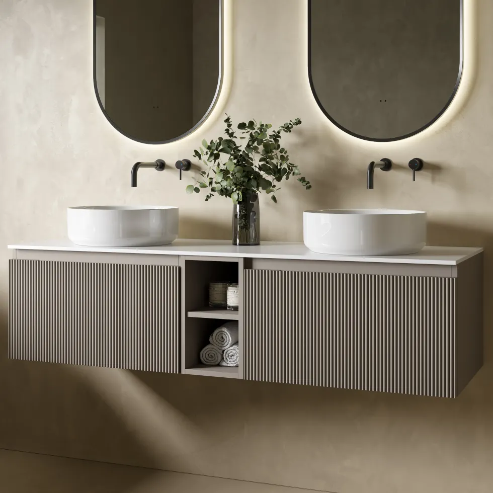 Drench Groove 1400mm Fluted Wall Hung Double Vanity Unit & Sintered Stone Countertop