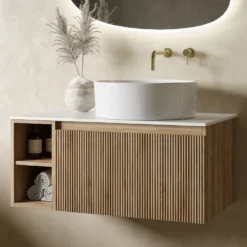 Drench Groove 800mm Fluted Wall Hung Vanity Unit with Open Shelves & Sintered Stone Countertop